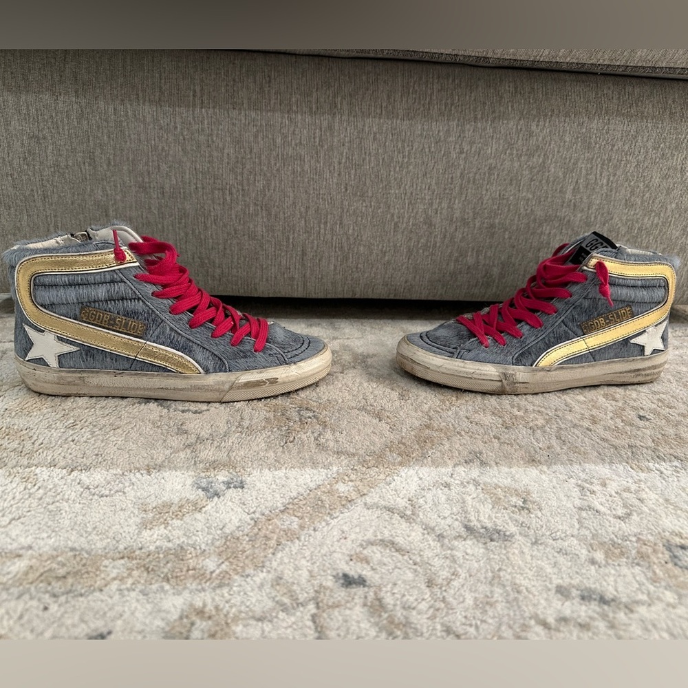 Golden Goose Hi Slide Sneakers Blue Pony Hair with pink laces - size 36
